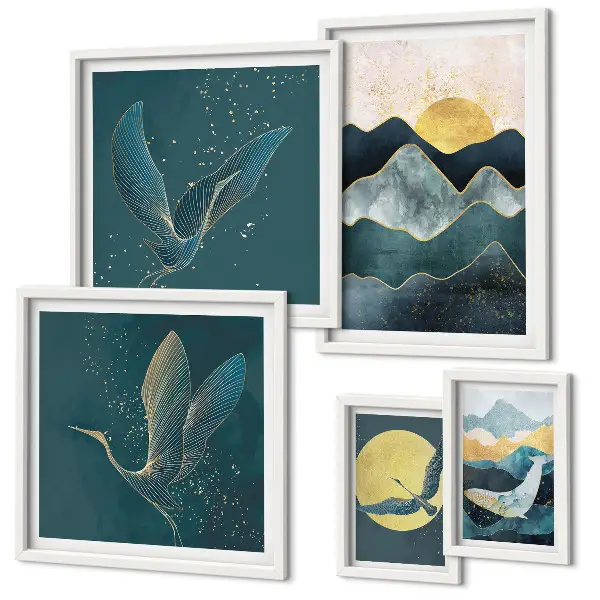 Set of 5 mountain landscape wall art pieces featuring a stylish sun and birds design