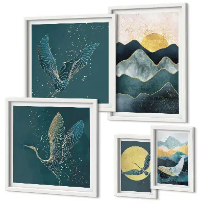 Set of 5 wall art pieces Stylish mountains birds sun