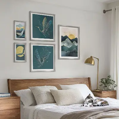 Set of 5 wall art pieces Stylish mountains birds sun