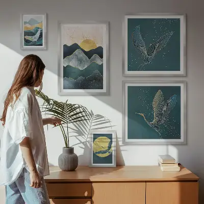 Set of 5 mountain landscape wall art pieces featuring a stylish sun and birds design