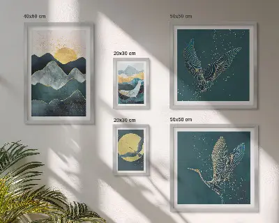 Set of 5 wall art pieces Stylish mountains birds sun