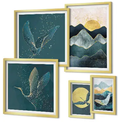 Set of 5 wall art pieces Stylish mountains birds sun