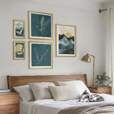 Set of 5 wall art pieces Stylish mountains birds sun