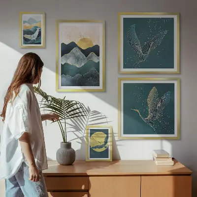 Set of 5 wall art pieces Stylish mountains birds sun
