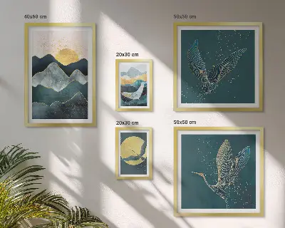 Set of 5 wall art pieces Stylish mountains birds sun