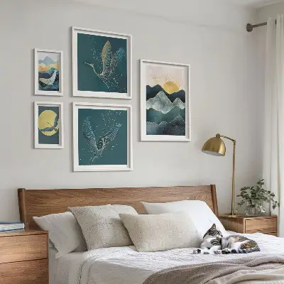 Set of 5 wall art pieces Stylish mountains birds sun