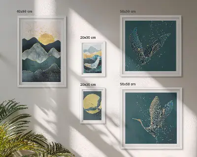 Set of 5 mountain landscape wall art pieces featuring a stylish sun and birds design