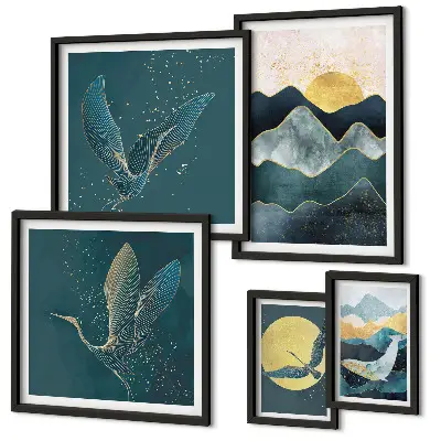 Set of 5 wall art pieces Stylish mountains birds sun