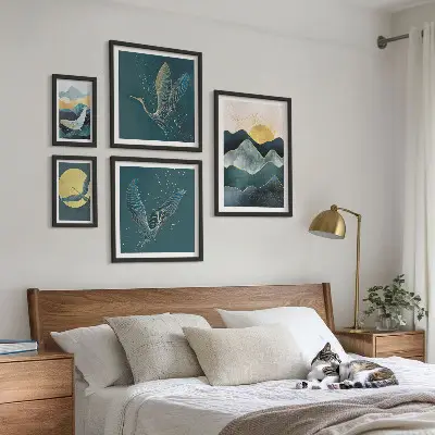 Set of 5 mountain landscape wall art pieces featuring a stylish sun and birds design