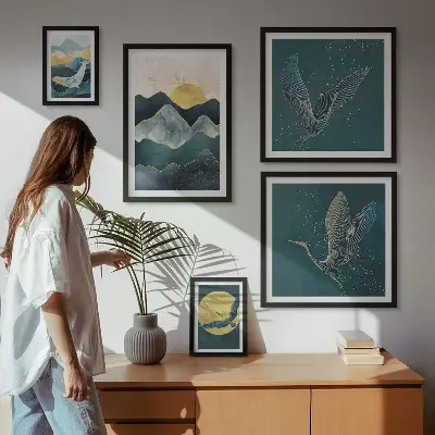 Set of 5 wall art pieces Stylish mountains birds sun