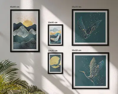 Set of 5 wall art pieces Stylish mountains birds sun