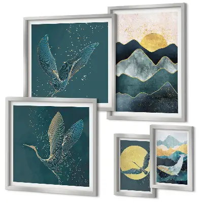 Set of 5 wall art pieces Stylish mountains birds sun