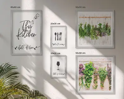Framed photo set featuring kitchen love and herb accessories
