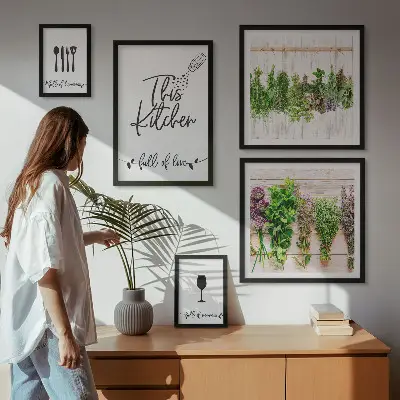 Framed photo set featuring kitchen love and herb accessories