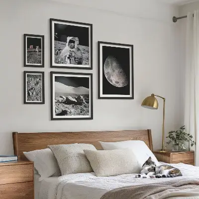 Gallery wall featuring astronaut lunar landscapes