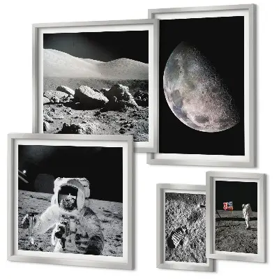Gallery wall featuring astronaut lunar landscapes