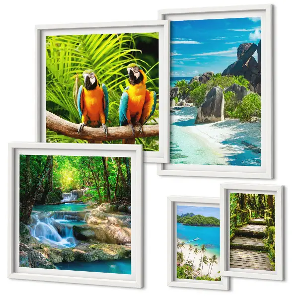 Set of 5 tropical landscape wall art pieces featuring birds and waterfalls