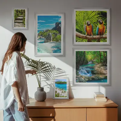 Set of 5 tropical landscape wall art pieces featuring birds and waterfalls