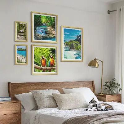 Set of 5 tropical landscape wall art pieces featuring birds and waterfalls