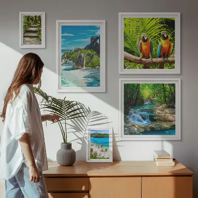 Set of 5 tropical landscape wall art pieces featuring birds and waterfalls