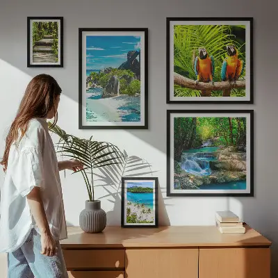 Set of 5 wall art pieces Tropical landscapes birds waterfalls