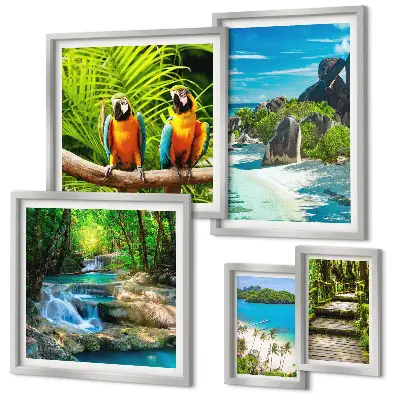 Set of 5 tropical landscape wall art pieces featuring birds and waterfalls