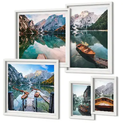 Framed photo set tranquil lakes with wooden boats