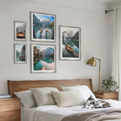Framed photo set tranquil lakes with wooden boats