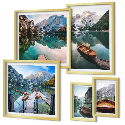 Framed photo set tranquil lakes with wooden boats