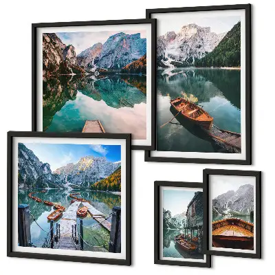 Framed photo set tranquil lakes with wooden boats
