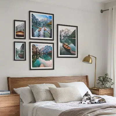 Framed photo set tranquil lakes with wooden boats