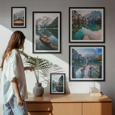 Framed photo set tranquil lakes with wooden boats