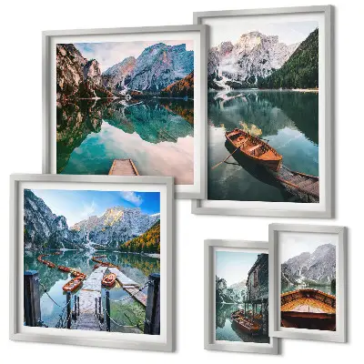 Framed photo set tranquil lakes with wooden boats