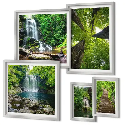 Framed photo set Green landscapes of waterfalls