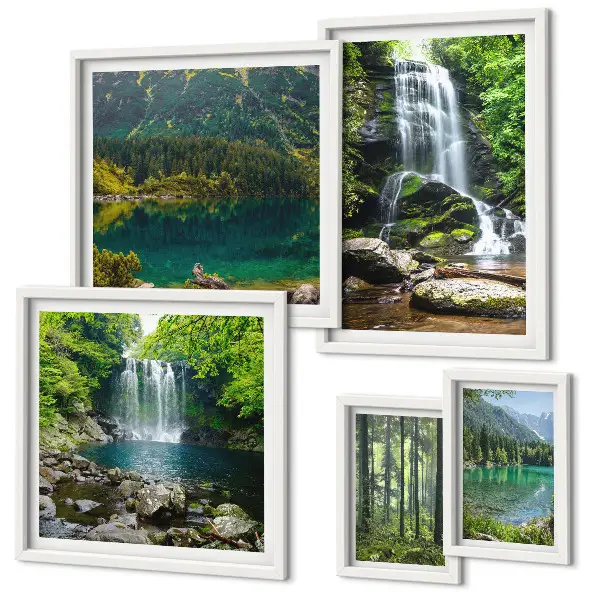 Set of 5 wall art pieces Waterfalls forest landscapes nature