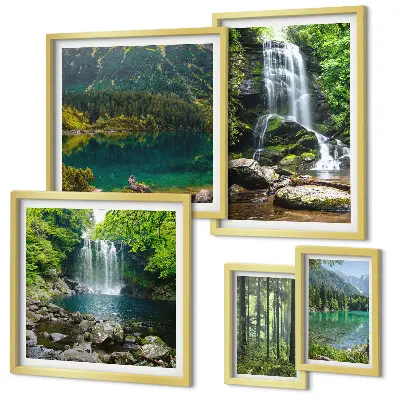 Set of 5 wall art pieces Waterfalls forest landscapes nature