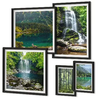 Set of 5 wall art pieces Waterfalls forest landscapes nature