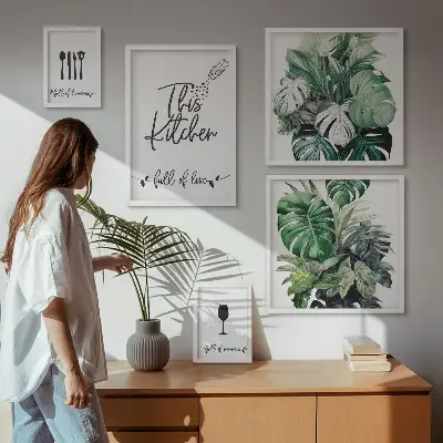 Framed photo set with kitchen plants and positive slogans