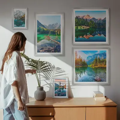 Set of 5 wall art pieces featuring mountain landscapes, lakes, and forests