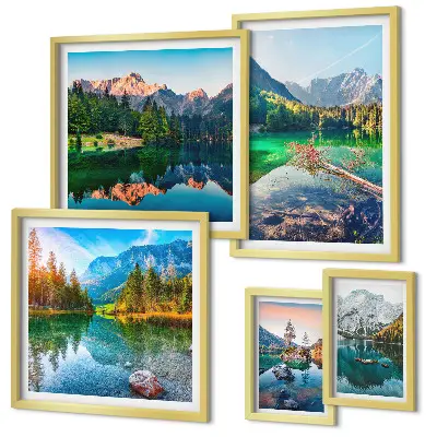 Set of 5 wall art pieces featuring mountain landscapes, lakes, and forests