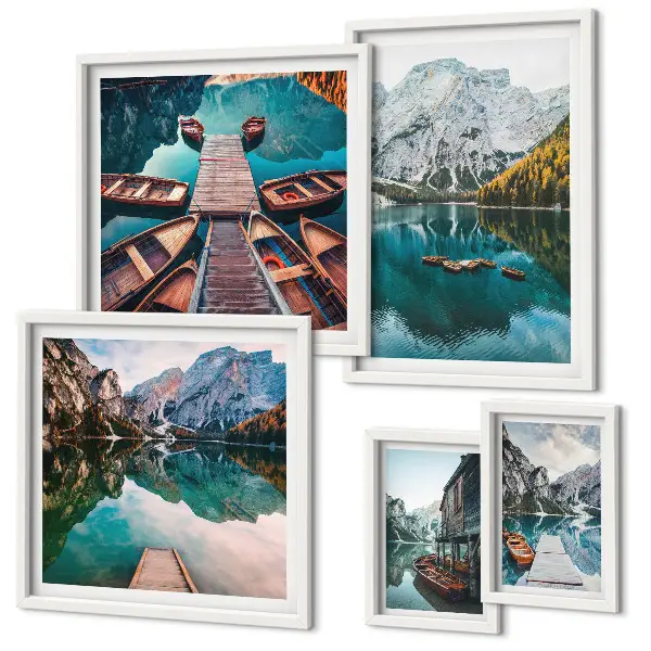 Gallery wall Mountain lakes wooden boats