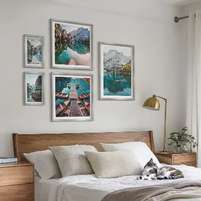 Gallery wall Mountain lakes wooden boats
