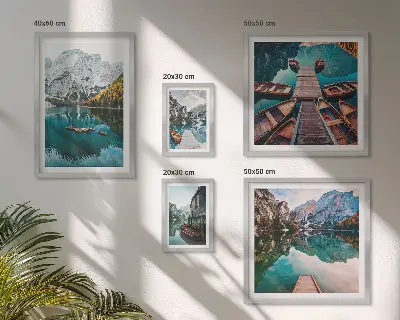 Gallery wall mountain lakes and wooden boats theme