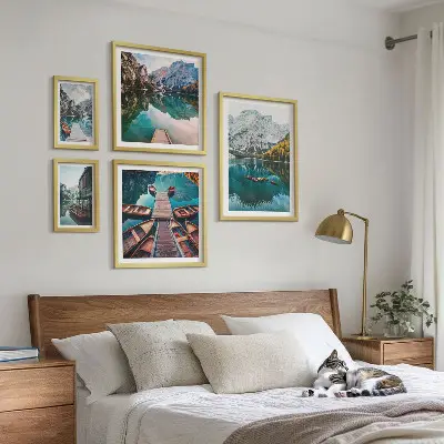 Gallery wall mountain lakes and wooden boats theme