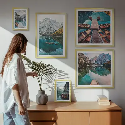 Gallery wall Mountain lakes wooden boats
