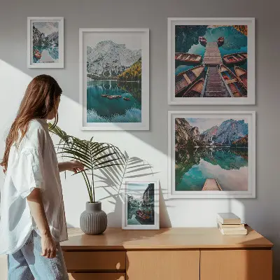 Gallery wall Mountain lakes wooden boats