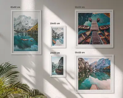 Gallery wall mountain lakes and wooden boats theme