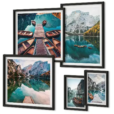 Gallery wall mountain lakes and wooden boats theme