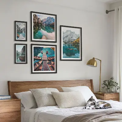 Gallery wall Mountain lakes wooden boats