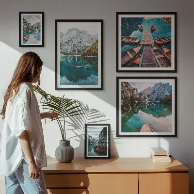 Gallery wall mountain lakes and wooden boats theme